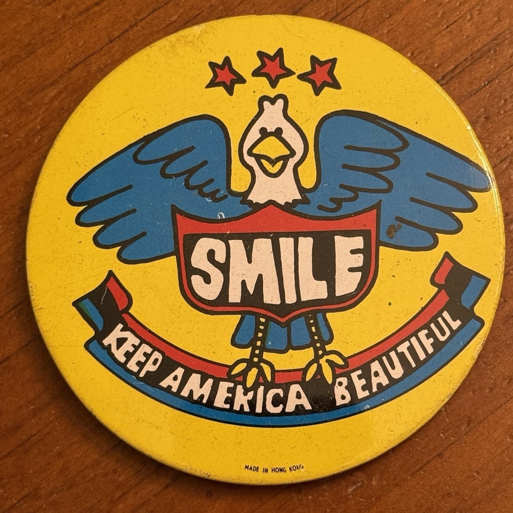 Smile Keep America Beautiful Eagle Vintage Pinback Button Pin Round Circle